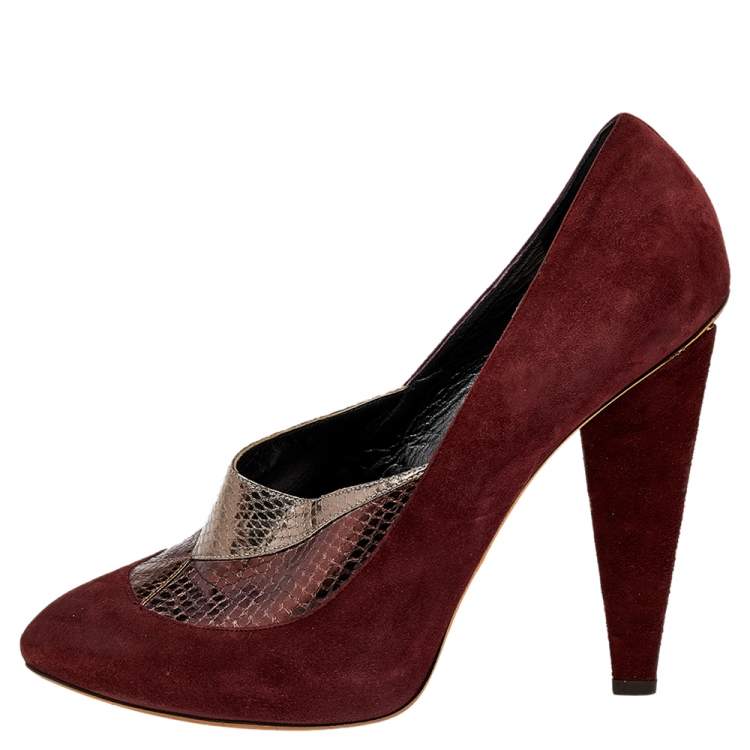 Pre Owned Dolce & Gabbana Burgundy/Brown Suede And Python Embossed Leather Pointed Toe Pumps Size 41