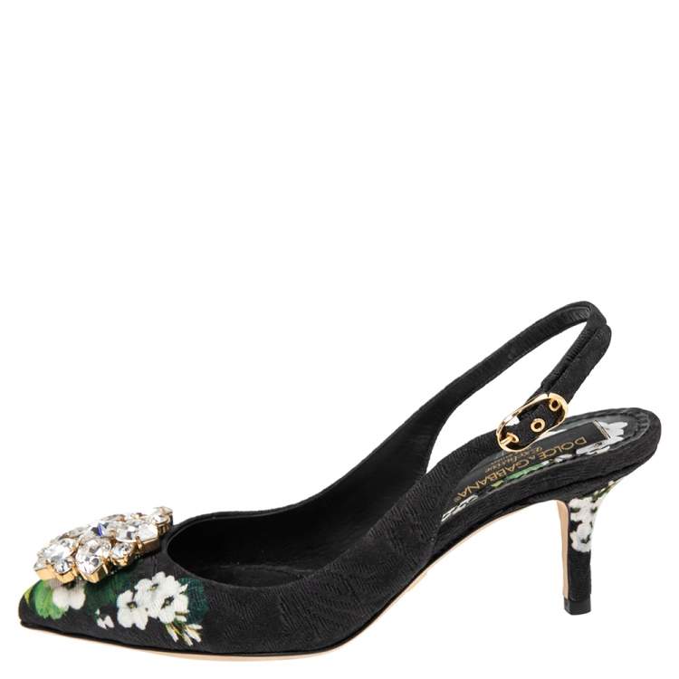 Pre Owned Dolce & Gabbana Black Floral Print Brocade Crystals Exclusive Slingback Sandals Size 35