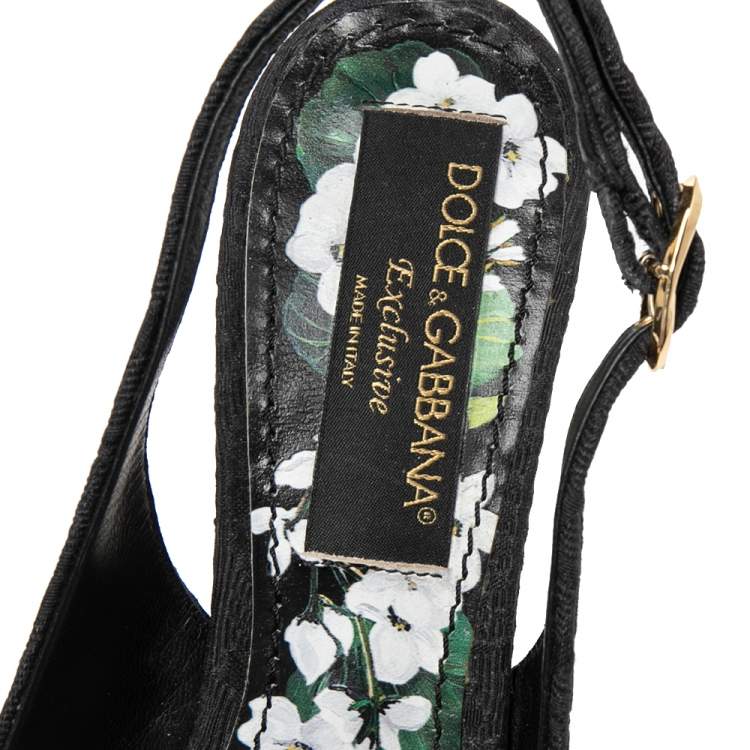 Pre Owned Dolce & Gabbana Black Floral Print Brocade Crystals Exclusive Slingback Sandals Size 35