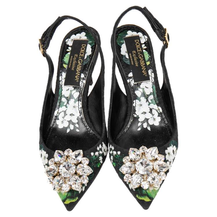 Pre Owned Dolce & Gabbana Black Floral Print Brocade Crystals Exclusive Slingback Sandals Size 35