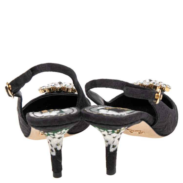 Pre Owned Dolce & Gabbana Black Floral Print Brocade Crystals Exclusive Slingback Sandals Size 35