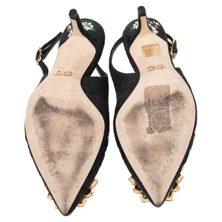 Pre Owned Dolce & Gabbana Black Floral Print Brocade Crystals Exclusive Slingback Sandals Size 35