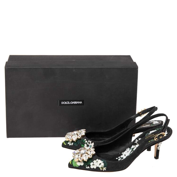 Pre Owned Dolce & Gabbana Black Floral Print Brocade Crystals Exclusive Slingback Sandals Size 35