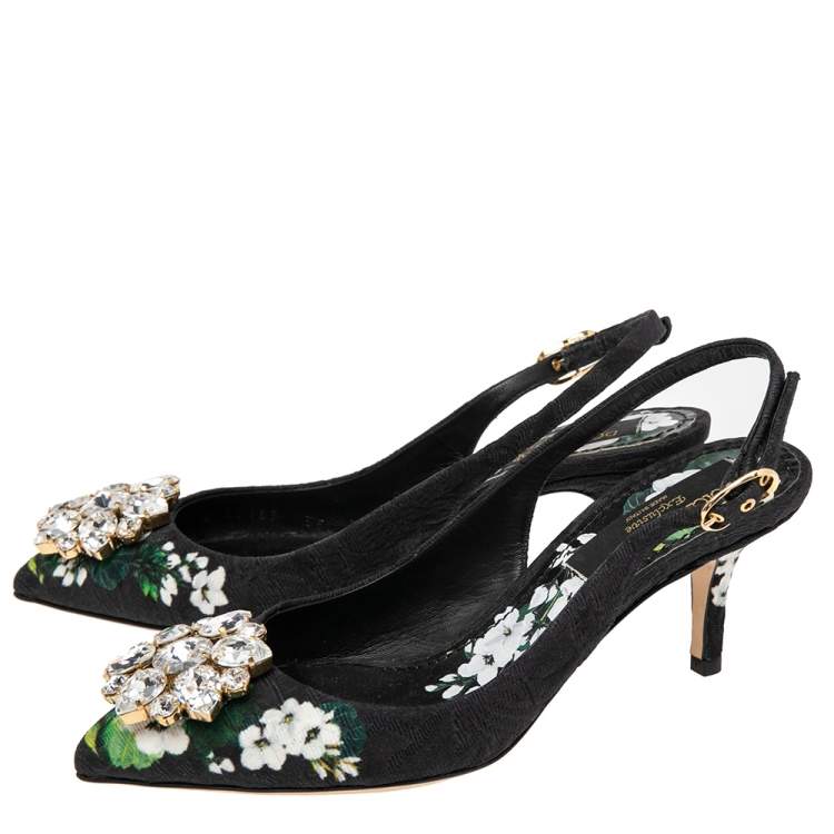 Pre Owned Dolce & Gabbana Black Floral Print Brocade Crystals Exclusive Slingback Sandals Size 35