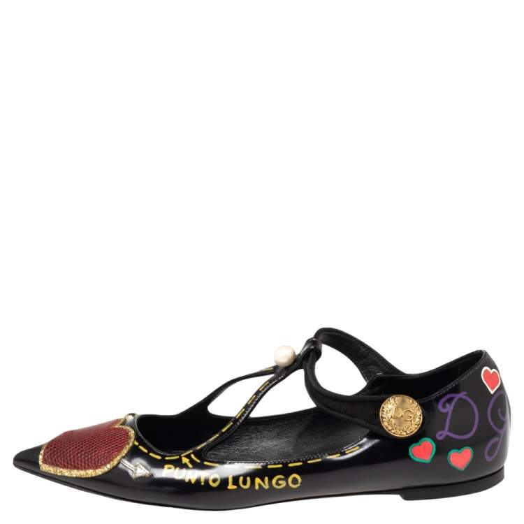 Pre Owned Dolce & Gabbana Black Leather Bellucci Appliqué Pointed Toe Ballet Flats Size 38.5