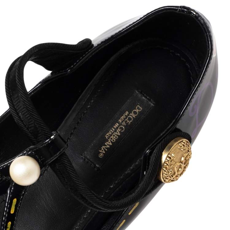 Pre Owned Dolce & Gabbana Black Leather Bellucci Appliqué Pointed Toe Ballet Flats Size 38.5