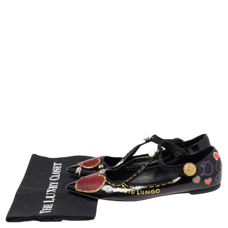 Pre Owned Dolce & Gabbana Black Leather Bellucci Appliqué Pointed Toe Ballet Flats Size 38.5