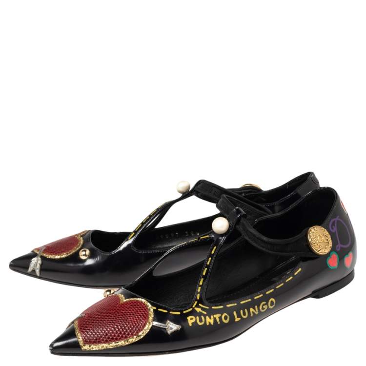 Pre Owned Dolce & Gabbana Black Leather Bellucci Appliqué Pointed Toe Ballet Flats Size 38.5