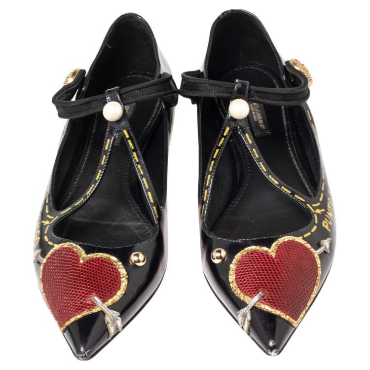 Pre Owned Dolce & Gabbana Black Leather Bellucci Appliqué Pointed Toe Ballet Flats Size 38.5