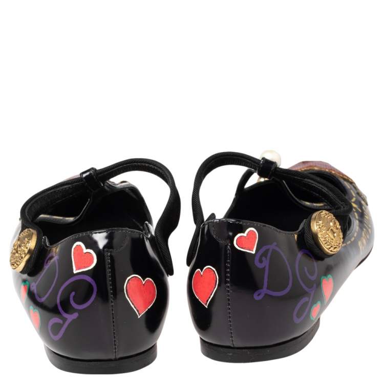 Pre Owned Dolce & Gabbana Black Leather Bellucci Appliqué Pointed Toe Ballet Flats Size 38.5