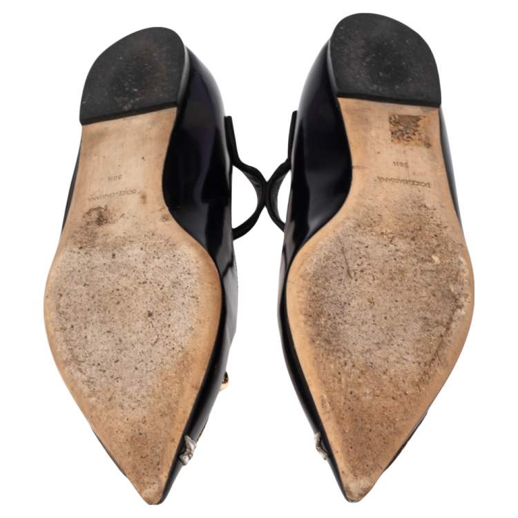 Pre Owned Dolce & Gabbana Black Leather Bellucci Appliqué Pointed Toe Ballet Flats Size 38.5