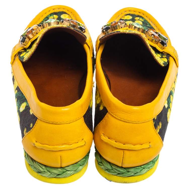 Pre Owned Dolce & Gabbana Yellow/Black Floral Print Fabric and Leather Crystal Embellished Loafers Size 38.5