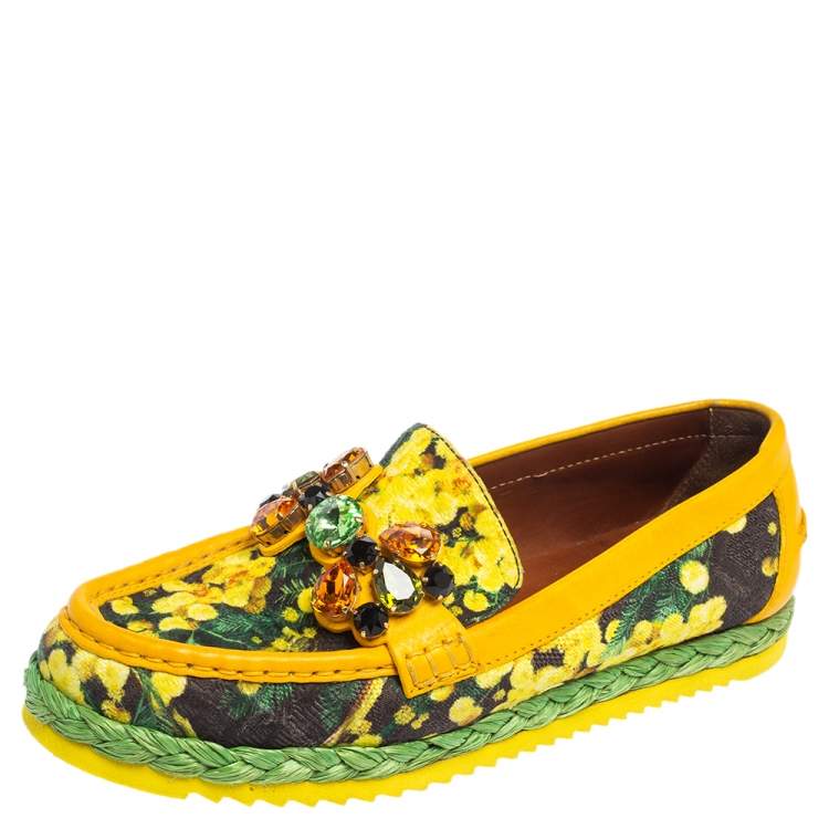 Pre Owned Dolce & Gabbana Yellow/Black Floral Print Fabric and Leather Crystal Embellished Loafers Size 38.5