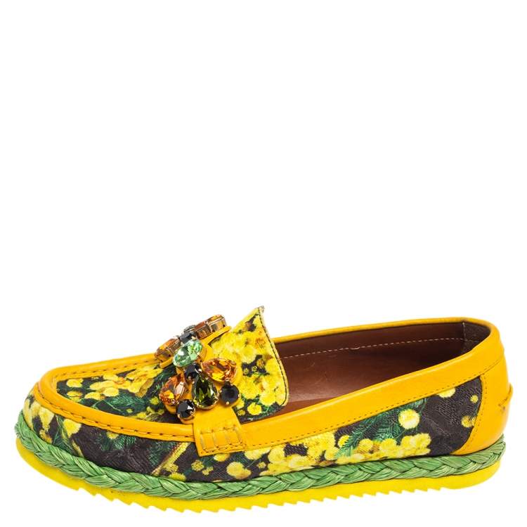 Pre Owned Dolce & Gabbana Yellow/Black Floral Print Fabric and Leather Crystal Embellished Loafers Size 38.5