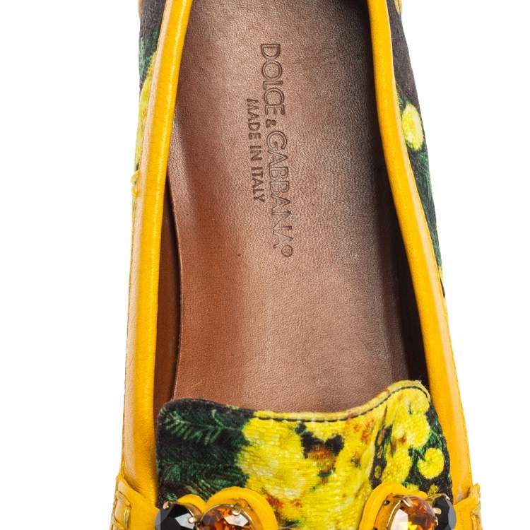 Pre Owned Dolce & Gabbana Yellow/Black Floral Print Fabric and Leather Crystal Embellished Loafers Size 38.5