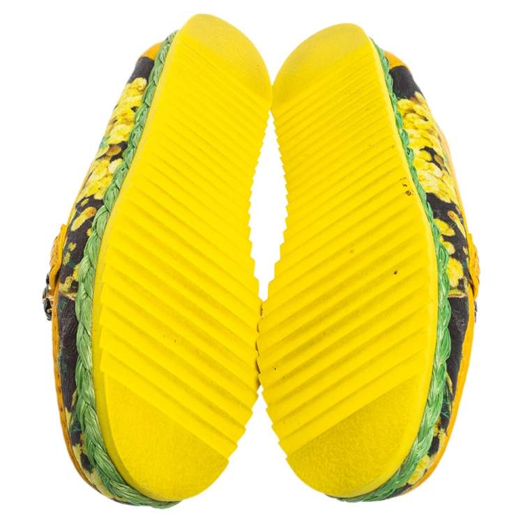 Pre Owned Dolce & Gabbana Yellow/Black Floral Print Fabric and Leather Crystal Embellished Loafers Size 38.5