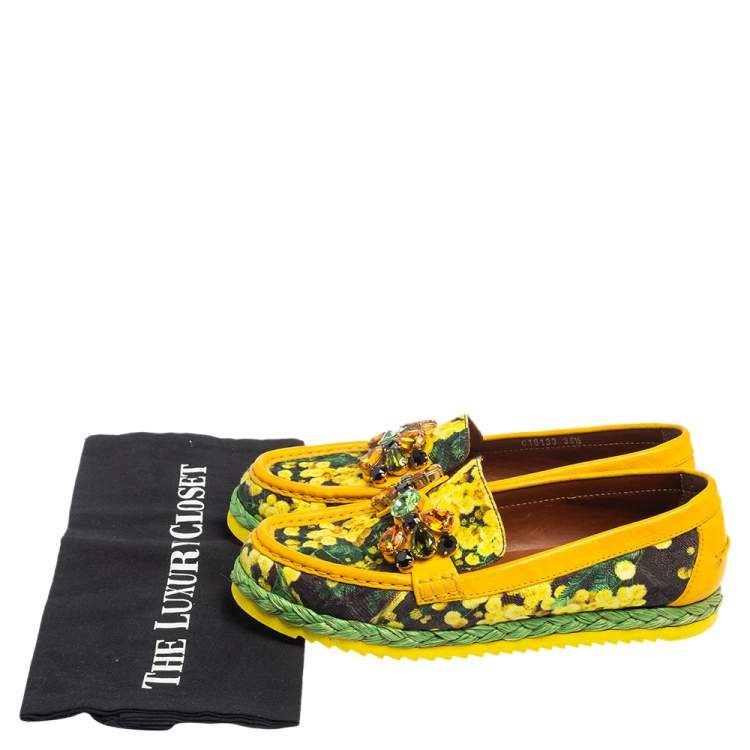 Pre Owned Dolce & Gabbana Yellow/Black Floral Print Fabric and Leather Crystal Embellished Loafers Size 38.5