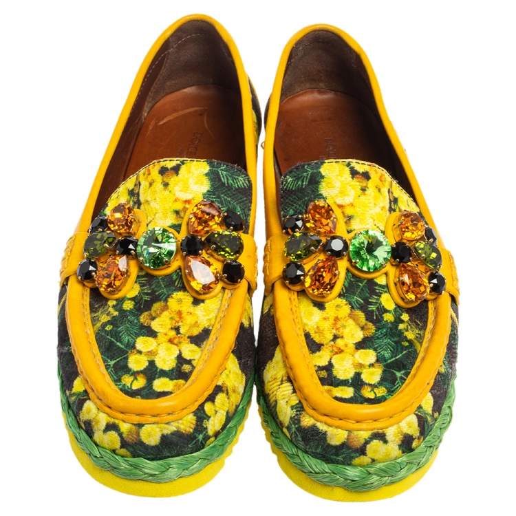 Pre Owned Dolce & Gabbana Yellow/Black Floral Print Fabric and Leather Crystal Embellished Loafers Size 38.5