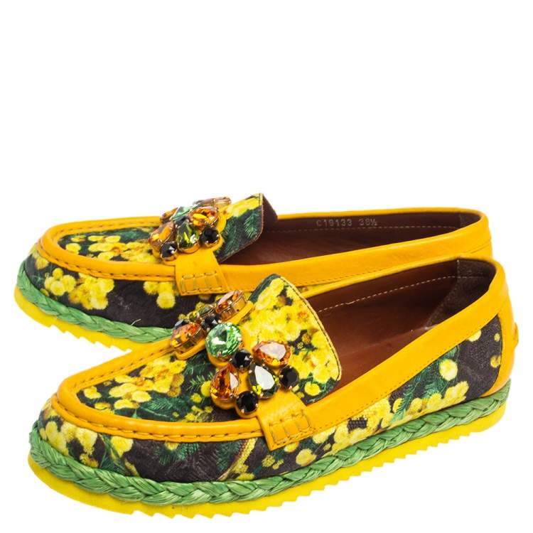Pre Owned Dolce & Gabbana Yellow/Black Floral Print Fabric and Leather Crystal Embellished Loafers Size 38.5