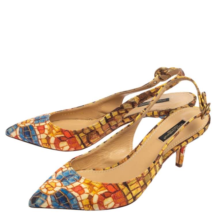 Pre Owned Dolce & Gabbana Multicolor Print Canvas Slingback Pointed Toe  Sandals Size 38