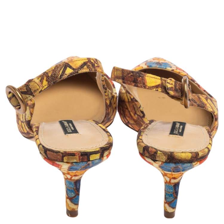 Pre Owned Dolce & Gabbana Multicolor Print Canvas Slingback Pointed Toe  Sandals Size 38