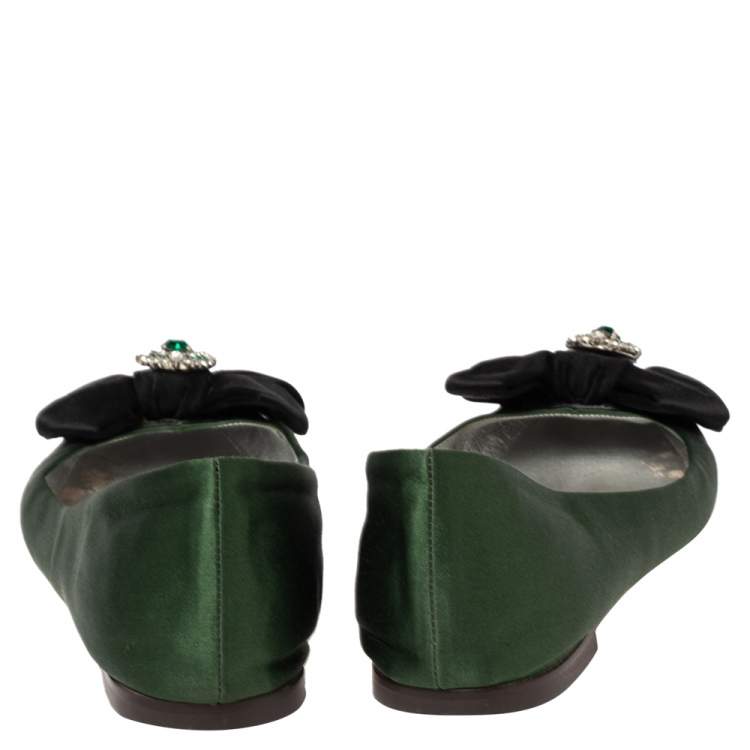مملوكة مسبقًا Dolce & Gabbana Green/Black Satin Bow Crystals Ballet Flats Size 37