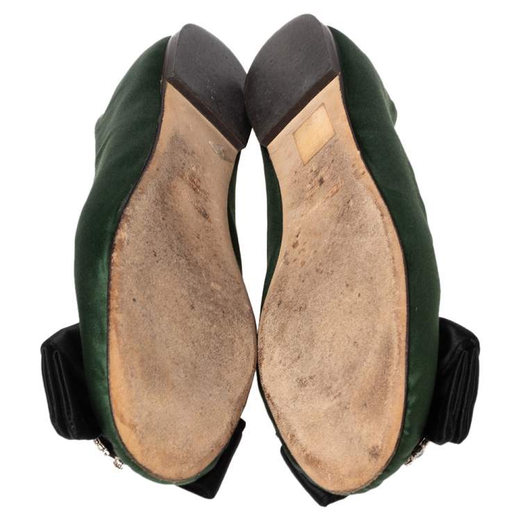 مملوكة مسبقًا Dolce & Gabbana Green/Black Satin Bow Crystals Ballet Flats Size 37