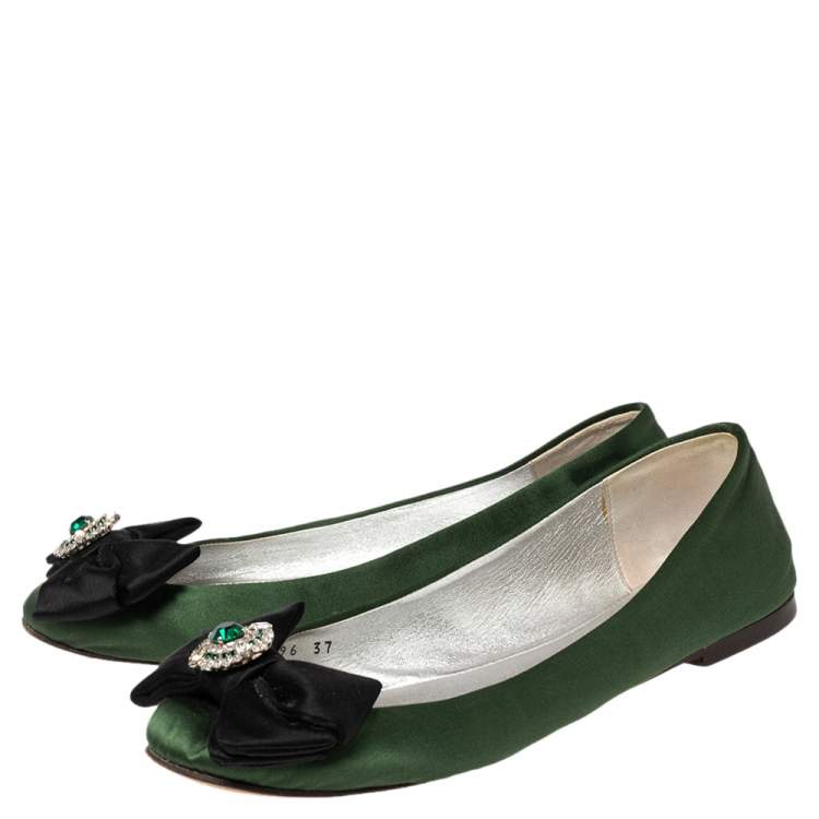 مملوكة مسبقًا Dolce & Gabbana Green/Black Satin Bow Crystals Ballet Flats Size 37