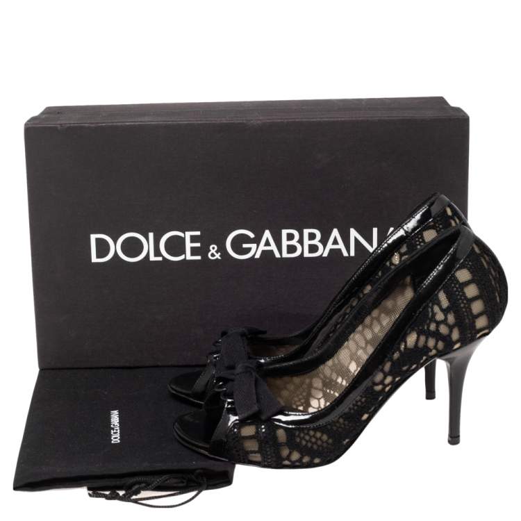Pre Owned Dolce & Gabbana Black Embroidered Fabric And Mesh Peep Toe Bow Pumps Size 36