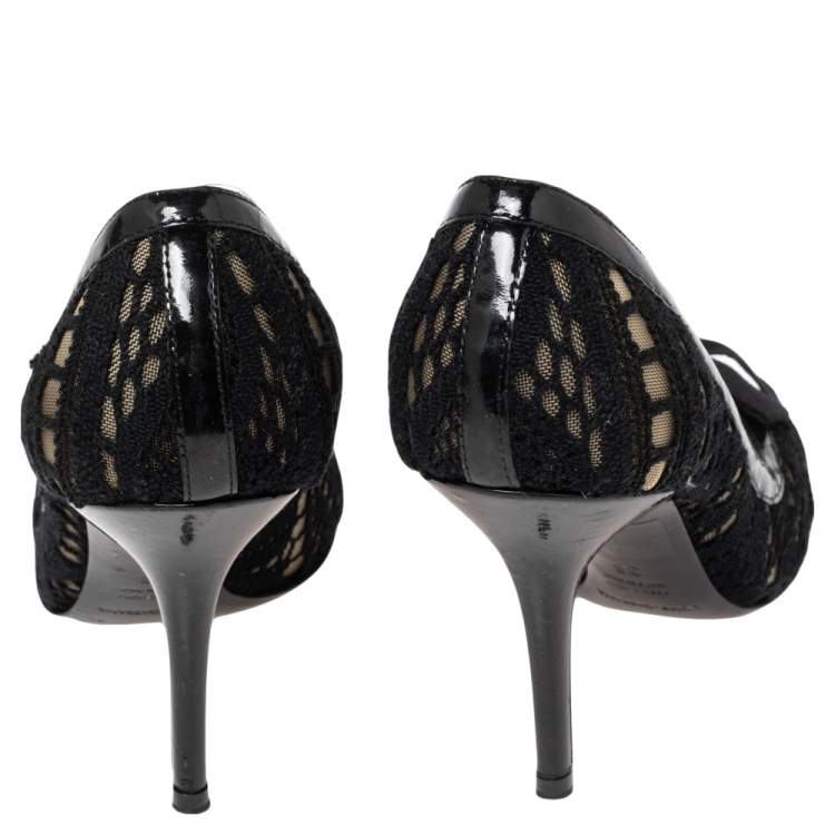 Pre Owned Dolce & Gabbana Black Embroidered Fabric And Mesh Peep Toe Bow Pumps Size 36