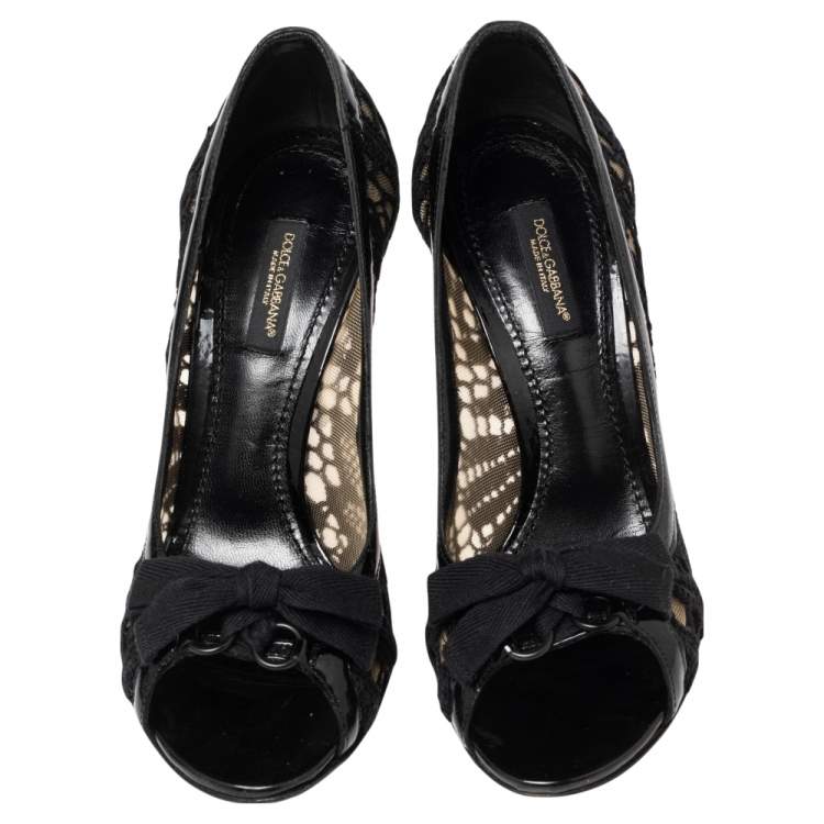 Pre Owned Dolce & Gabbana Black Embroidered Fabric And Mesh Peep Toe Bow Pumps Size 36