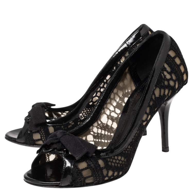 Pre Owned Dolce & Gabbana Black Embroidered Fabric And Mesh Peep Toe Bow Pumps Size 36