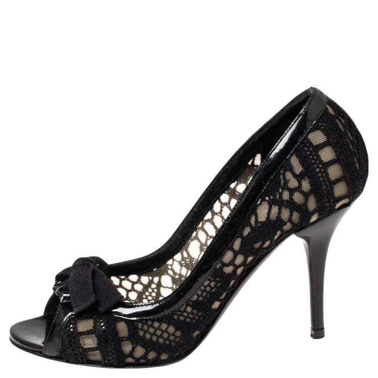 Pre Owned Dolce & Gabbana Black Embroidered Fabric And Mesh Peep Toe Bow Pumps Size 36