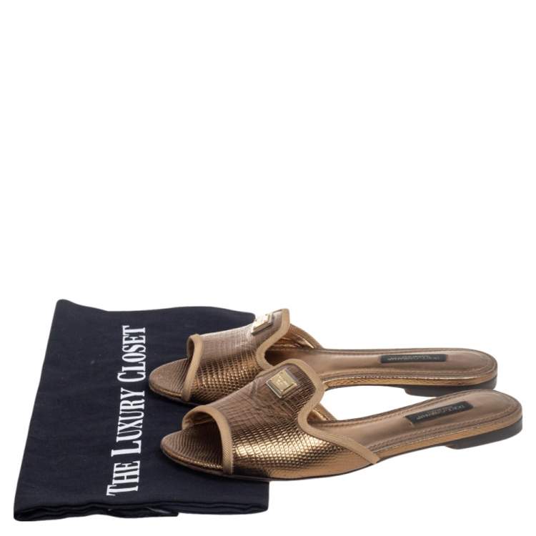 مملوكة مسبقًا Dolce & Gabbana Gold Lizard Embossed Leather Flats 35