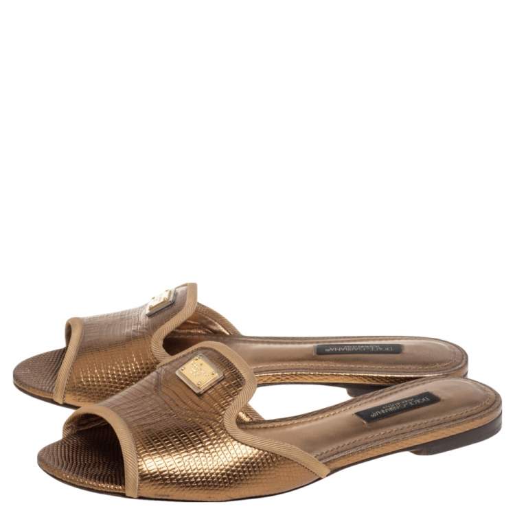 مملوكة مسبقًا Dolce & Gabbana Gold Lizard Embossed Leather Flats 35