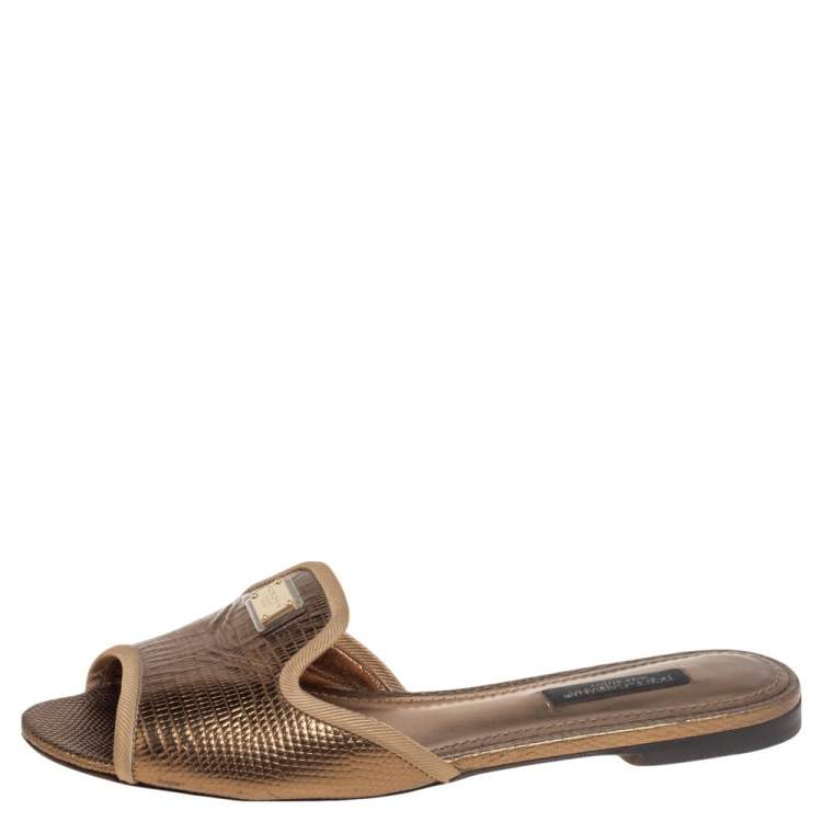مملوكة مسبقًا Dolce & Gabbana Gold Lizard Embossed Leather Flats 35