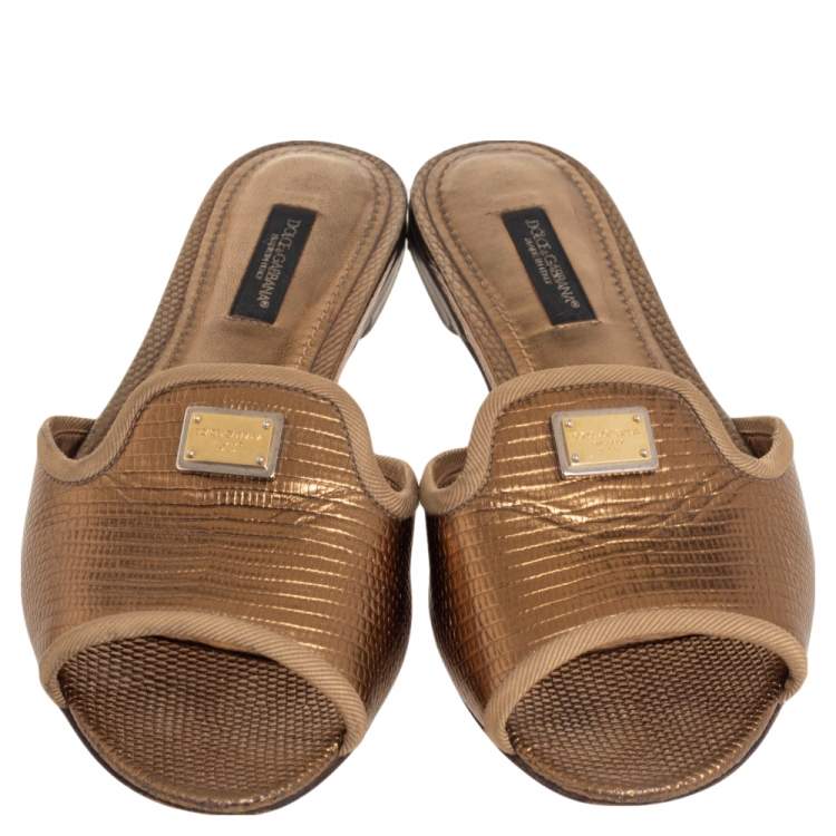 مملوكة مسبقًا Dolce & Gabbana Gold Lizard Embossed Leather Flats 35
