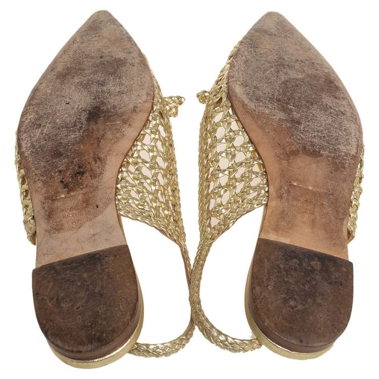 Pre Owned Dolce & Gabbana Gold Woven Leather Bellucci Bow Flats Size 37