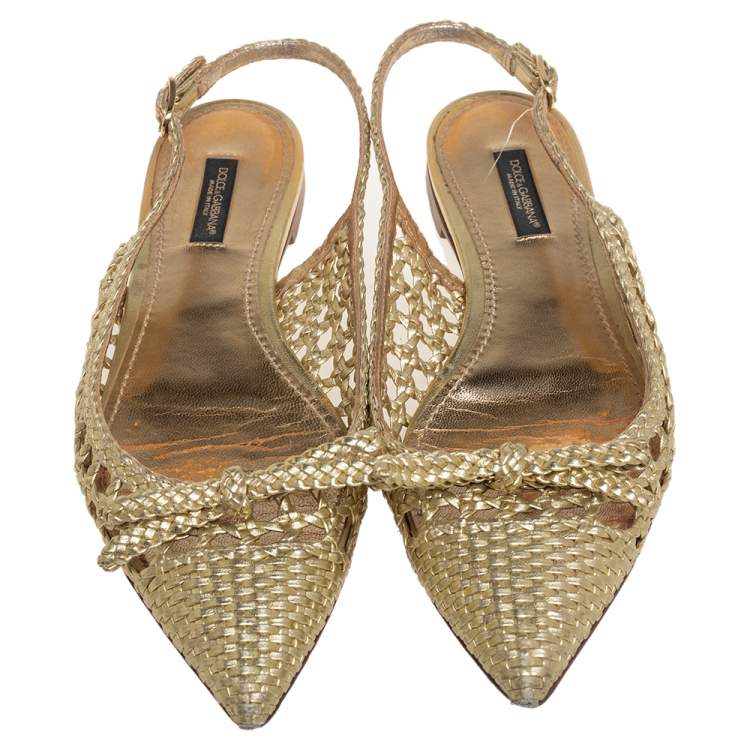 Pre Owned Dolce & Gabbana Gold Woven Leather Bellucci Bow Flats Size 37