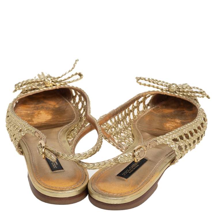 Pre Owned Dolce & Gabbana Gold Woven Leather Bellucci Bow Flats Size 37
