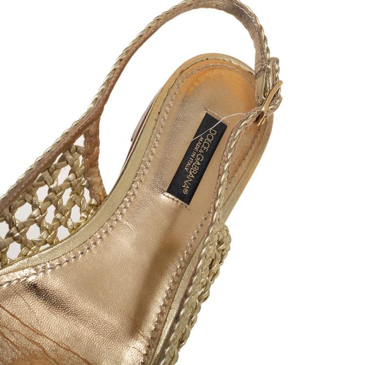 Pre Owned Dolce & Gabbana Gold Woven Leather Bellucci Bow Flats Size 37