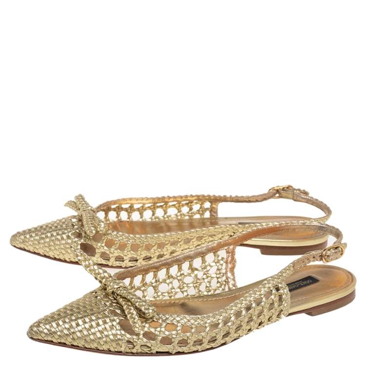Pre Owned Dolce & Gabbana Gold Woven Leather Bellucci Bow Flats Size 37