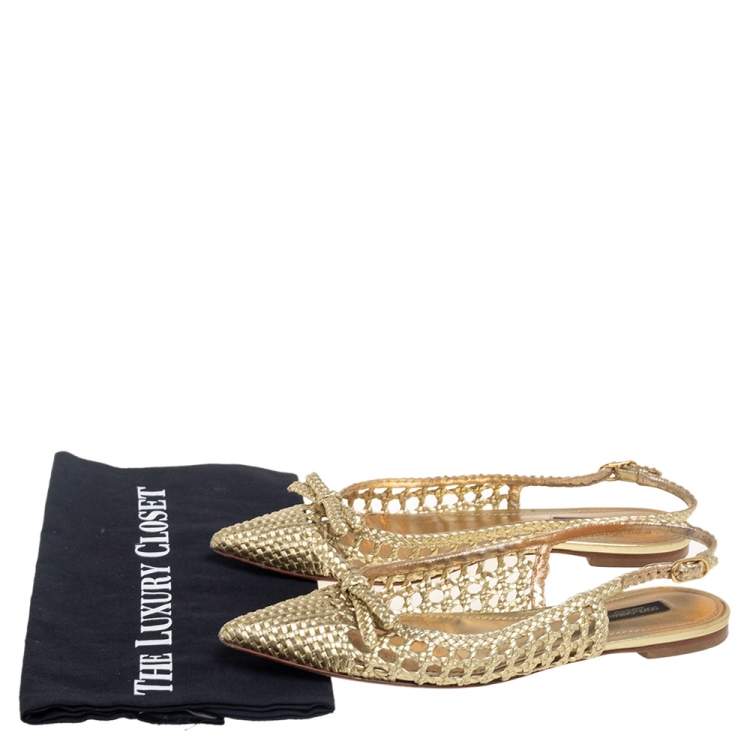 Pre Owned Dolce & Gabbana Gold Woven Leather Bellucci Bow Flats Size 37