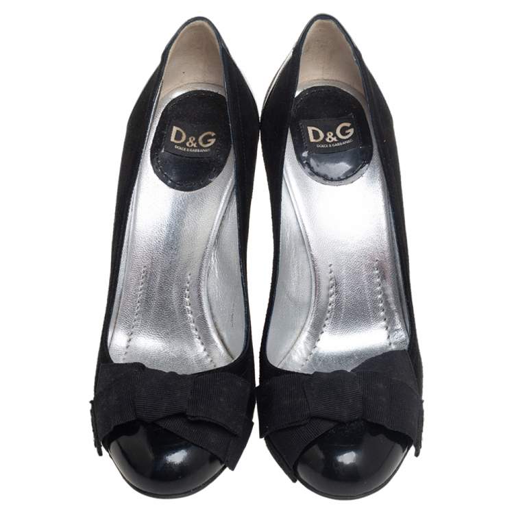 Pre Owned Dolce & Gabbana Black Suede and Patent Leather Bow Pumps Size 38
