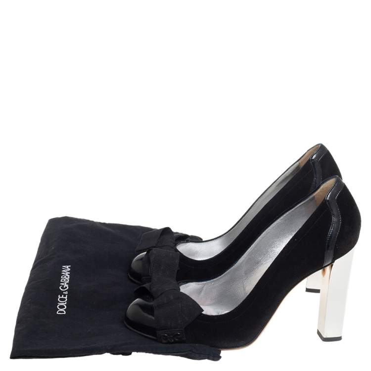 Pre Owned Dolce & Gabbana Black Suede and Patent Leather Bow Pumps Size 38
