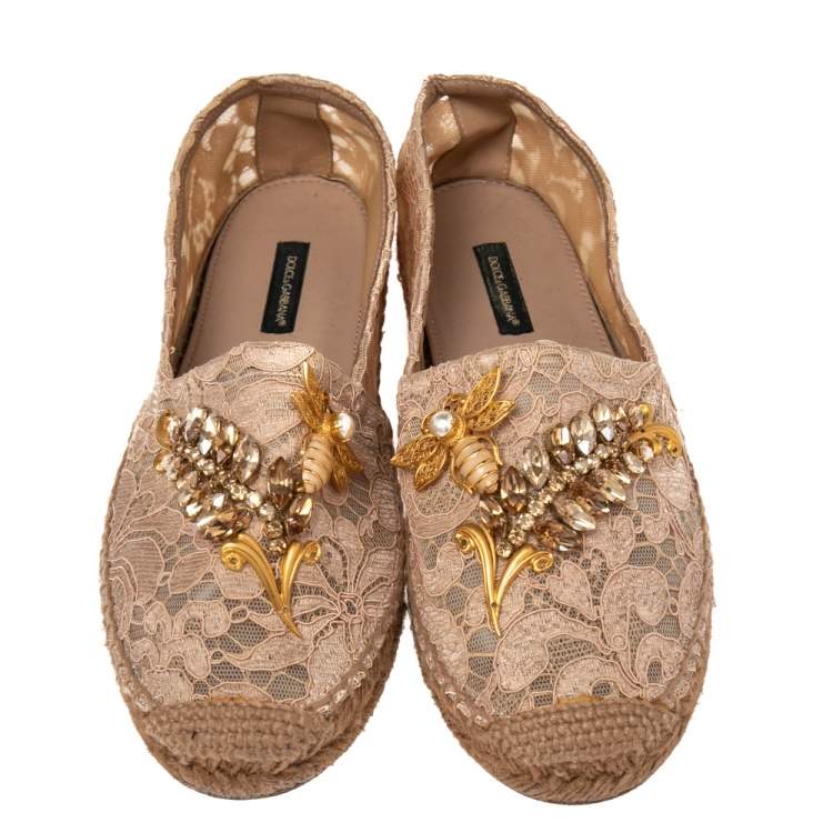 مملوكة مسبقًا Dolce & Gabbana Beige Lace Crystal Embellished Espadrilles Size 37