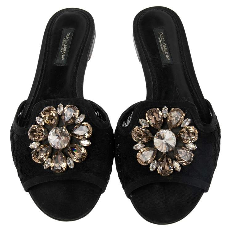 Pre Owned Dolce & Gabbana Black Lace Sofia Crystal Embellished Flats Size 35