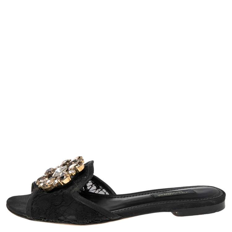 Pre Owned Dolce & Gabbana Black Lace Sofia Crystal Embellished Flats Size 35