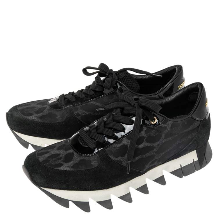 Pre Owned Dolce & Gabbana Black Leopard Print Fabric and Suede Sawtooth Sneakers Size 41