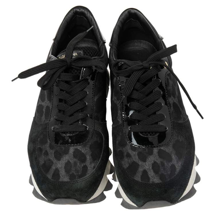Pre Owned Dolce & Gabbana Black Leopard Print Fabric and Suede Sawtooth Sneakers Size 41